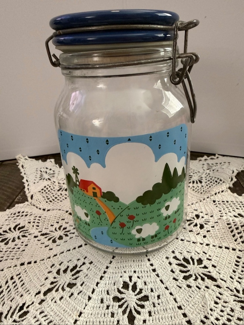 Vintage Glass Jar with Blue Lid and Farm Scene Decalt